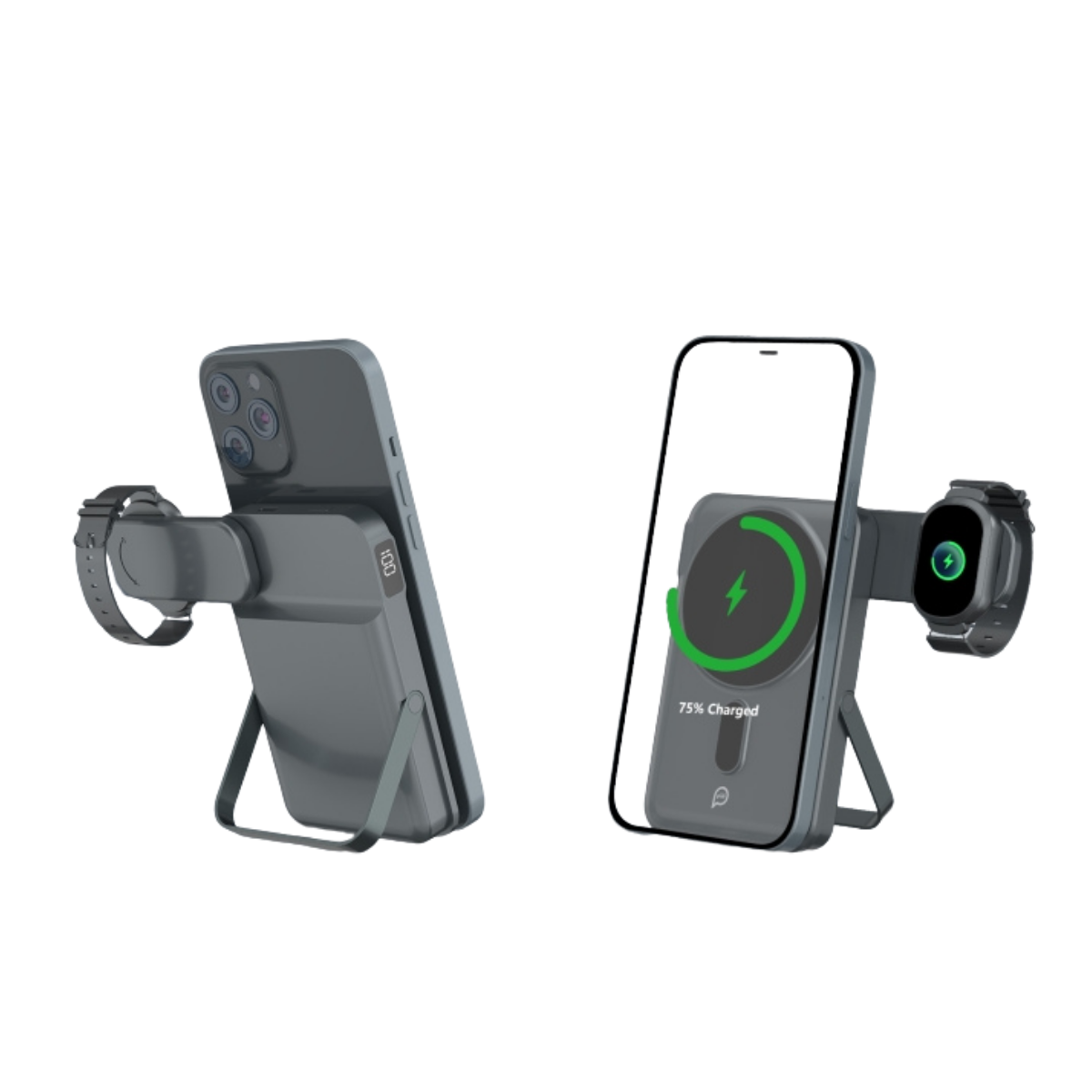 Telefon ve saatli gri şarj standı. Sol telefon %100, sağ %75.