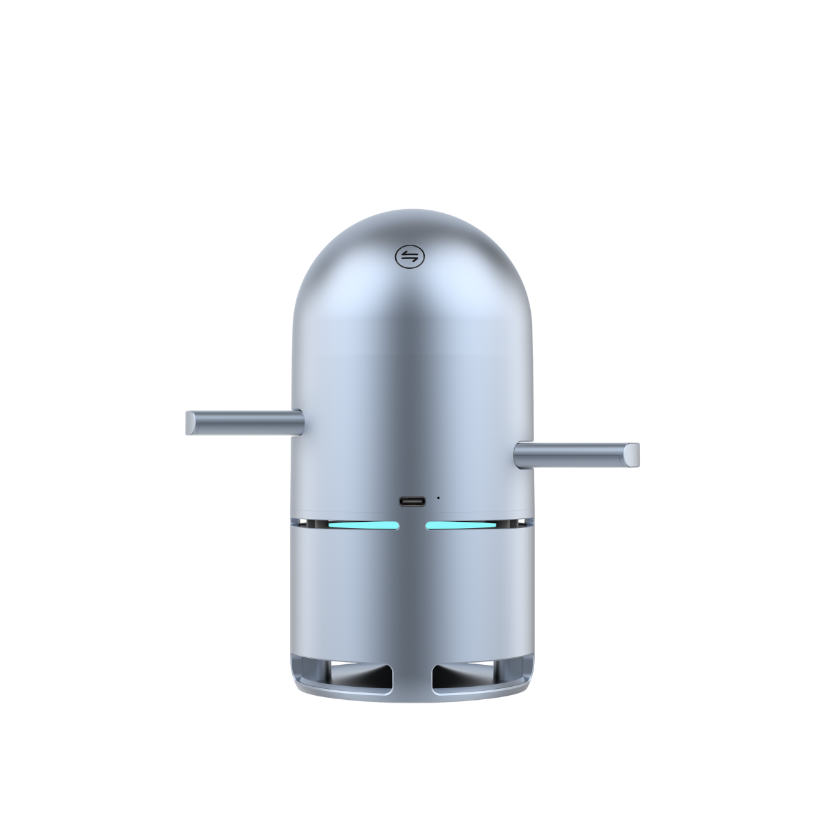 Yuvarlak başlı ve iki kollu gümüş renkli bir robot.