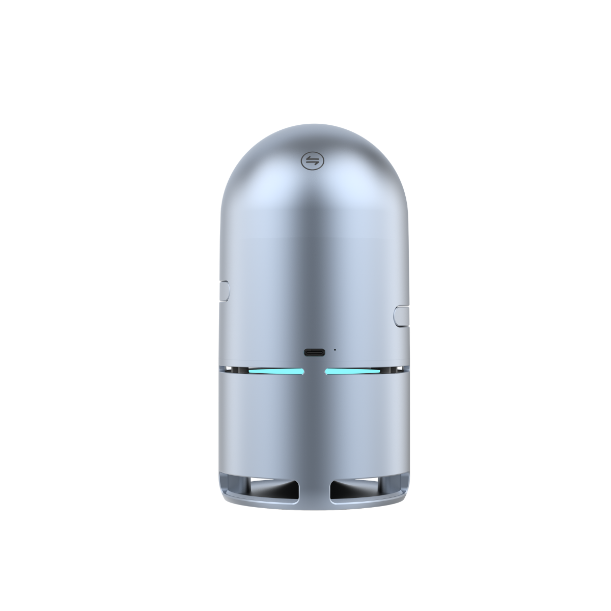 Gümüş rengi, silindirik bir robot, yuvarlak üst ve mavi ışıklar.