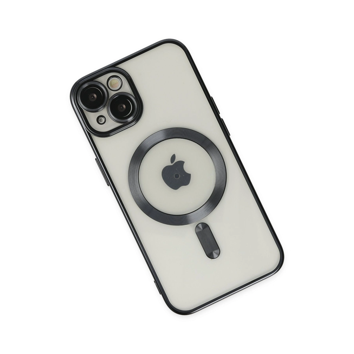 Siyah kenarlı, kameralı ve Apple logolu şeffaf telefon kılıfı.