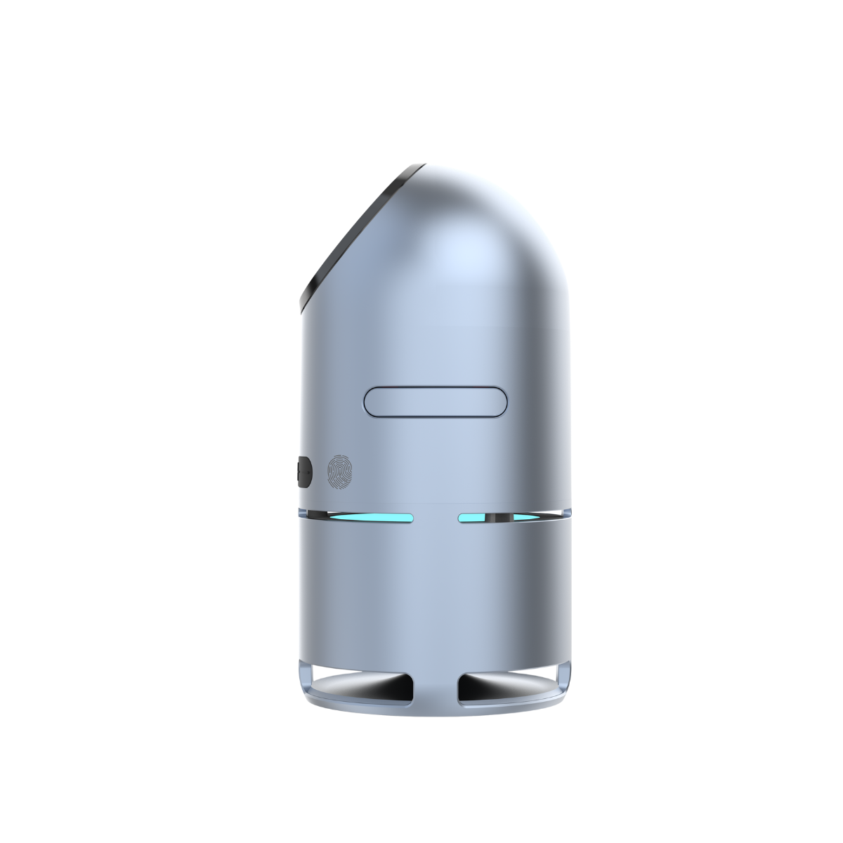 Mavi ışıklı ve parmak izi sensörlü gümüş renkli robot.