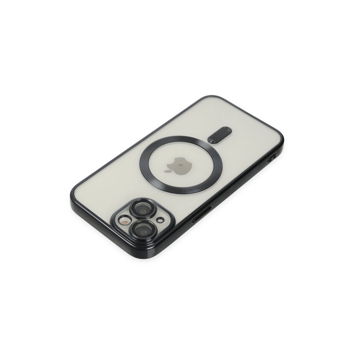 Siyah kenarlı ve MagSafe halkalı şeffaf iPhone kılıfı.
