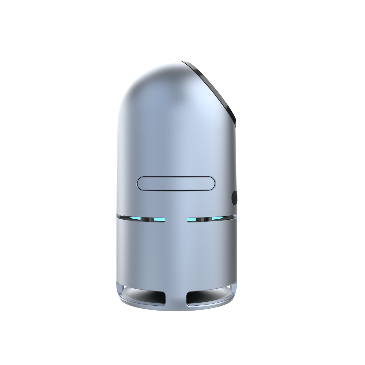 Gümüş, silindirik bir robot, yuvarlak üst kısmı ve mavi ışıkları var.