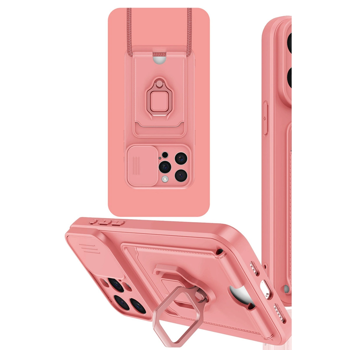 Standlı, halkalı ve kamera kapaklı pembe telefon kılıfı.