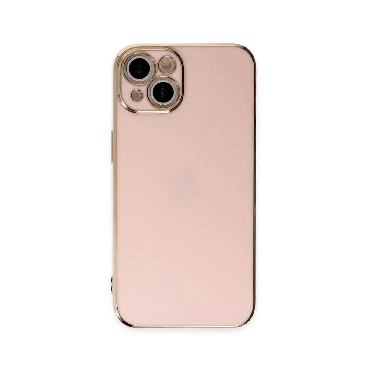 Altın kenarlı, üç kameralı, gül altın rengi bir telefon.