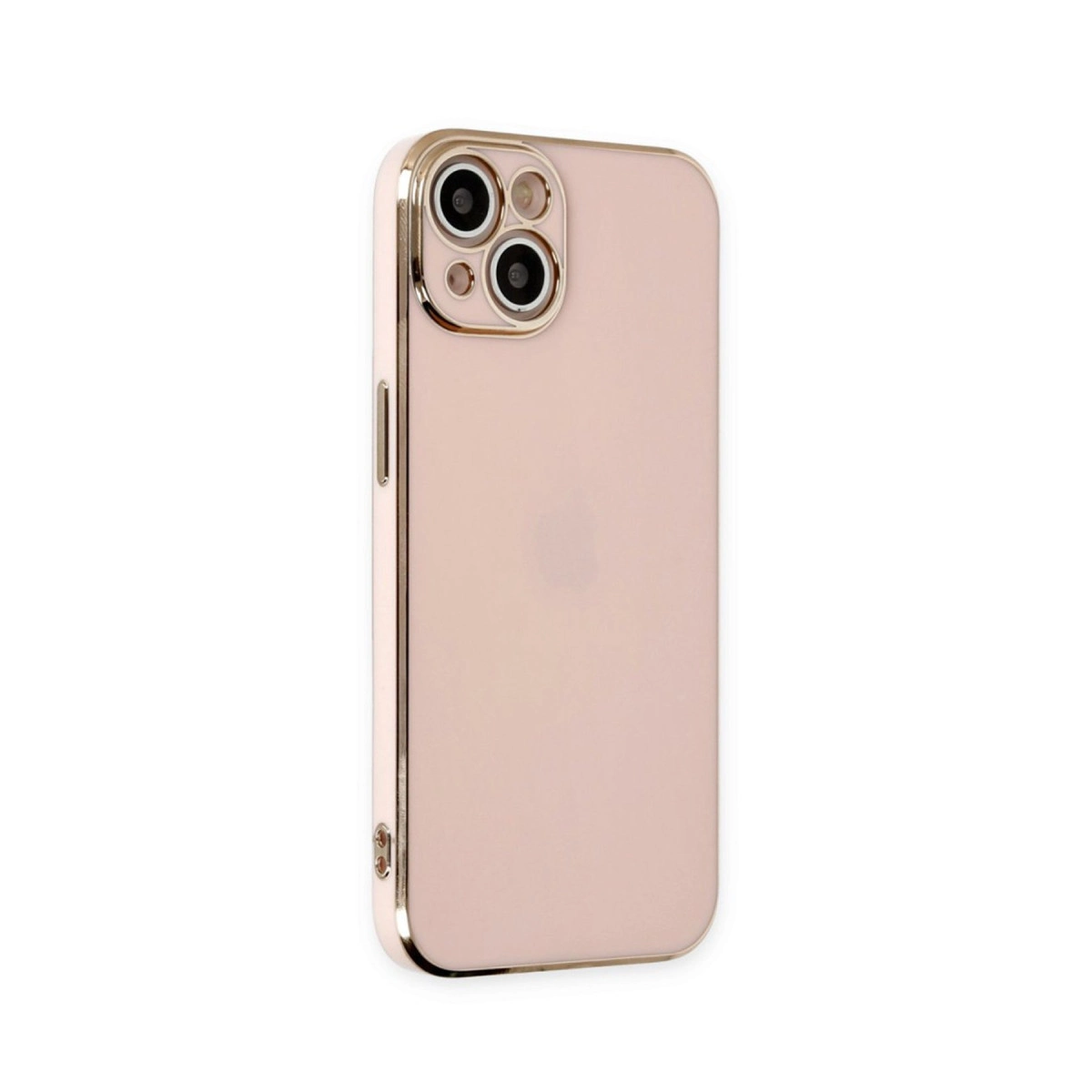 Altın çerçeveli ve üç kamera lensli, gül altın rengi telefon kılıfı.