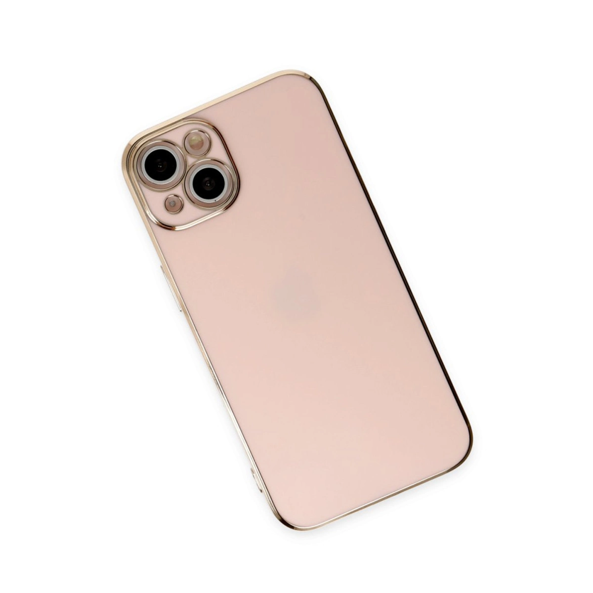 Üç kameralı, altın kenarlı pembe akıllı telefon, beyaz arka plan üzerinde.