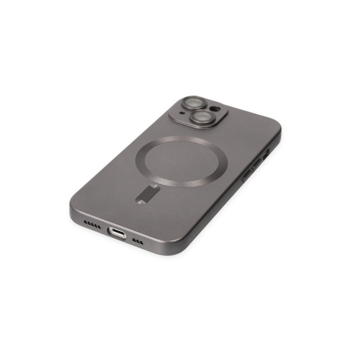 Beyaz arka plan üzerinde MagSafe halkası ve kamera kesimi olan gri telefon kılıfı.