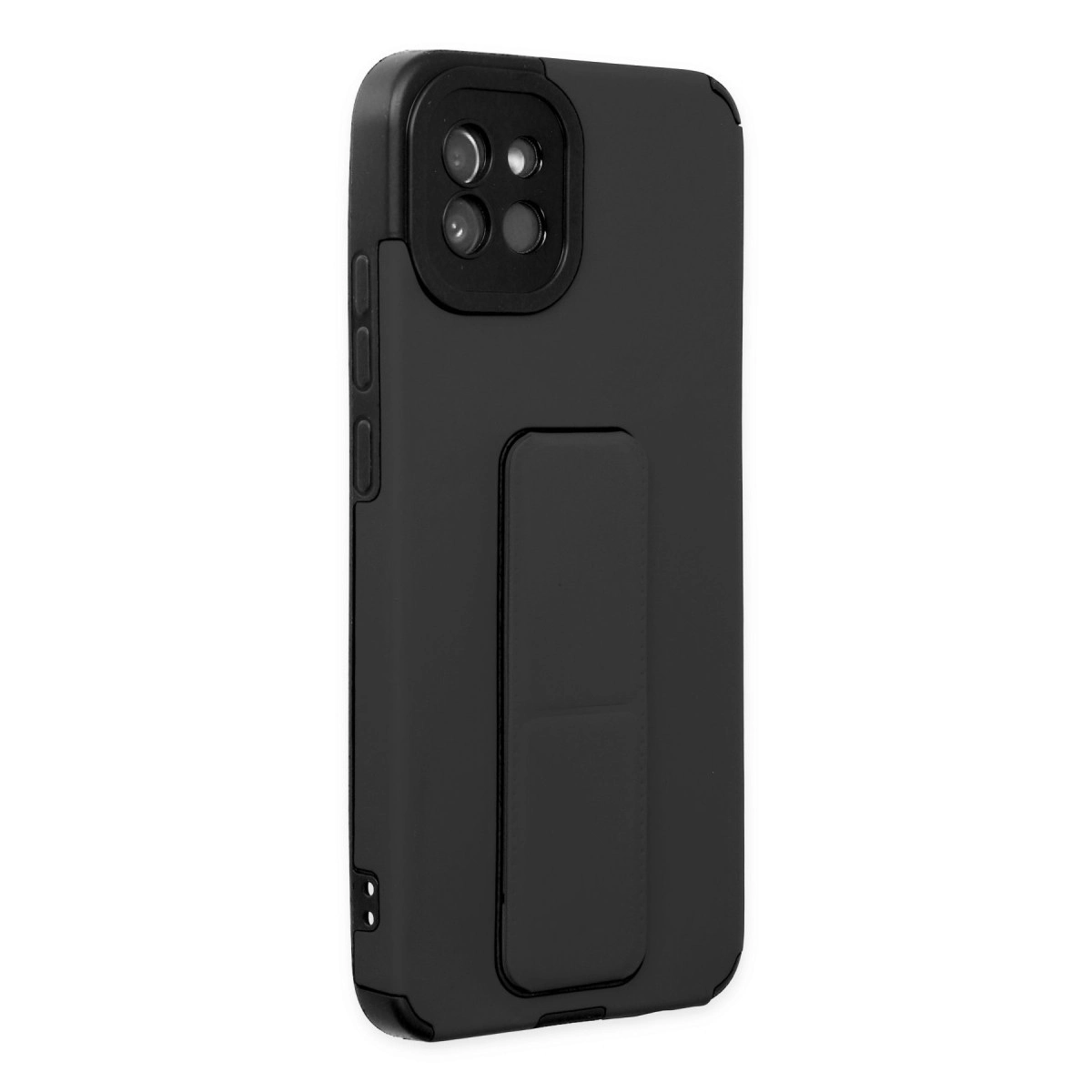 Entegre tutma yeri ve kamera kesiği olan siyah telefon kılıfı.