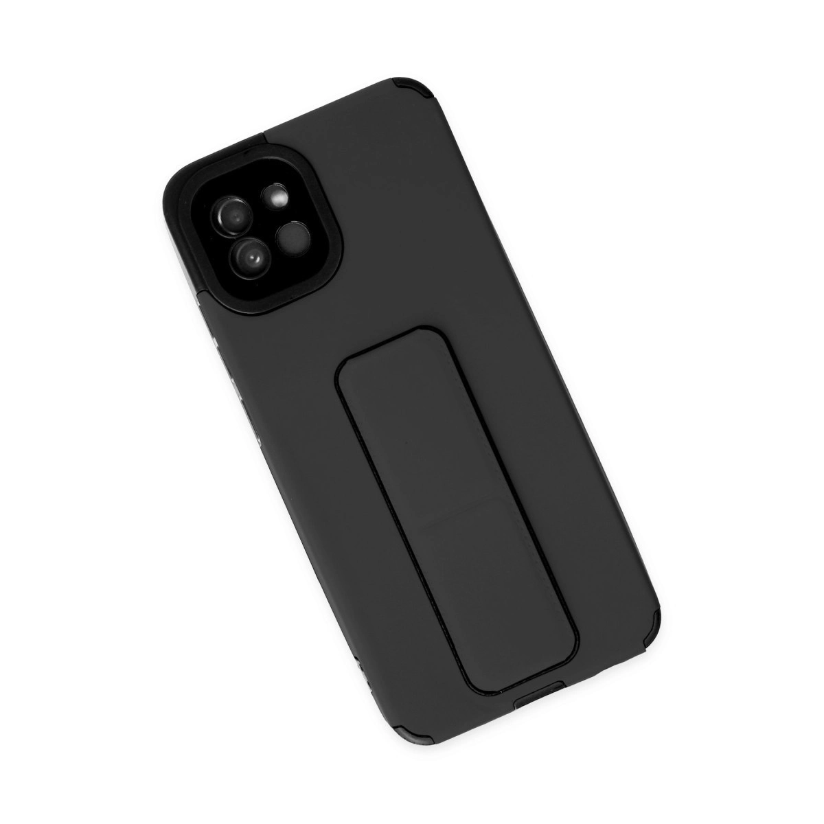 Beyaz arka plan üzerinde entegre tutucu/standlı siyah telefon kılıfı.