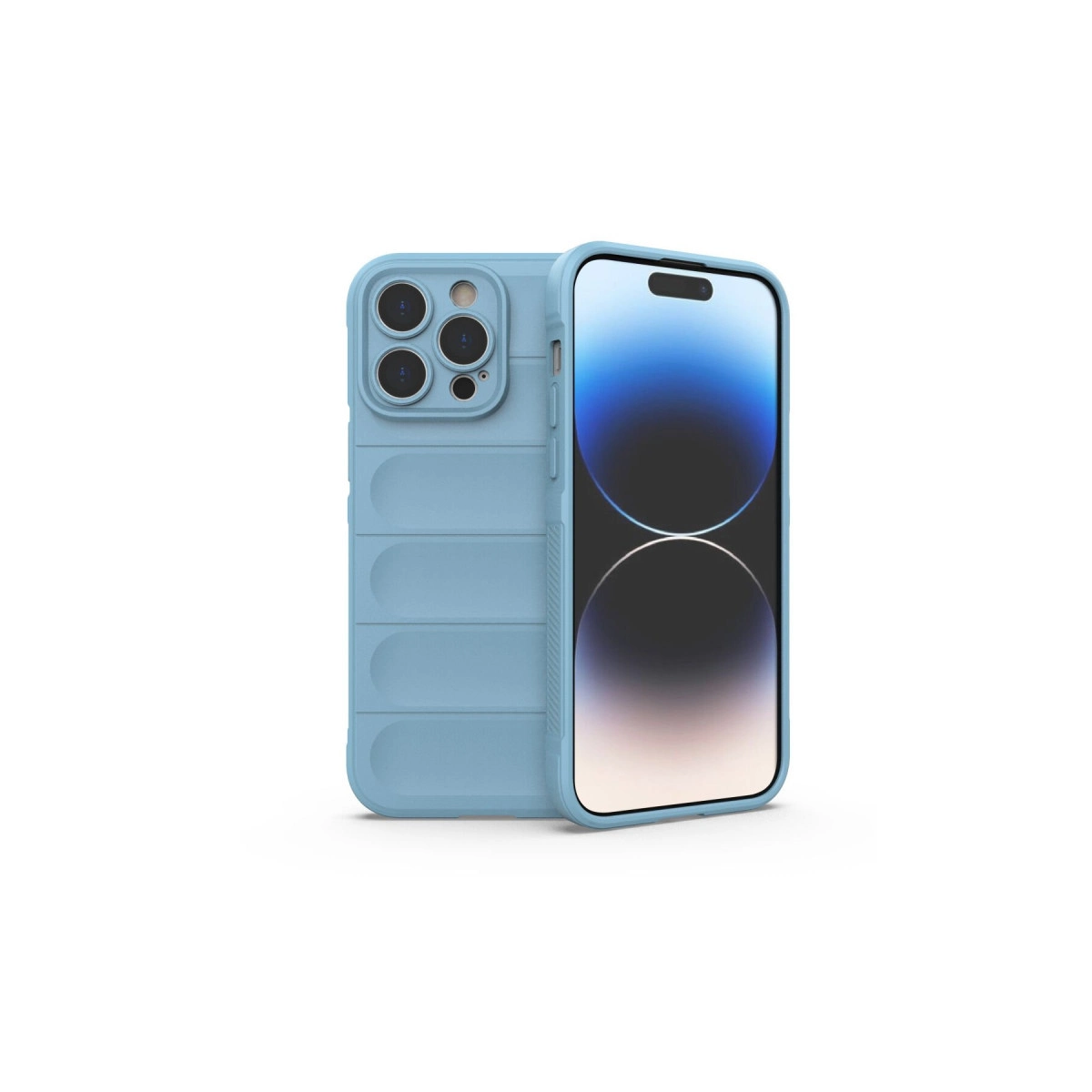 Mavi iPhone kamera koruyuculu ve dolgulu tasarımlı.