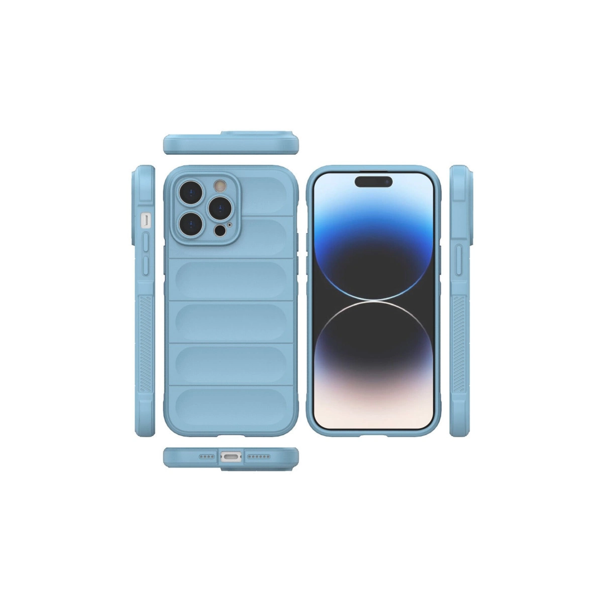 Kanallı desene sahip açık mavi iPhone kılıfı, ön ve arka görünümler.