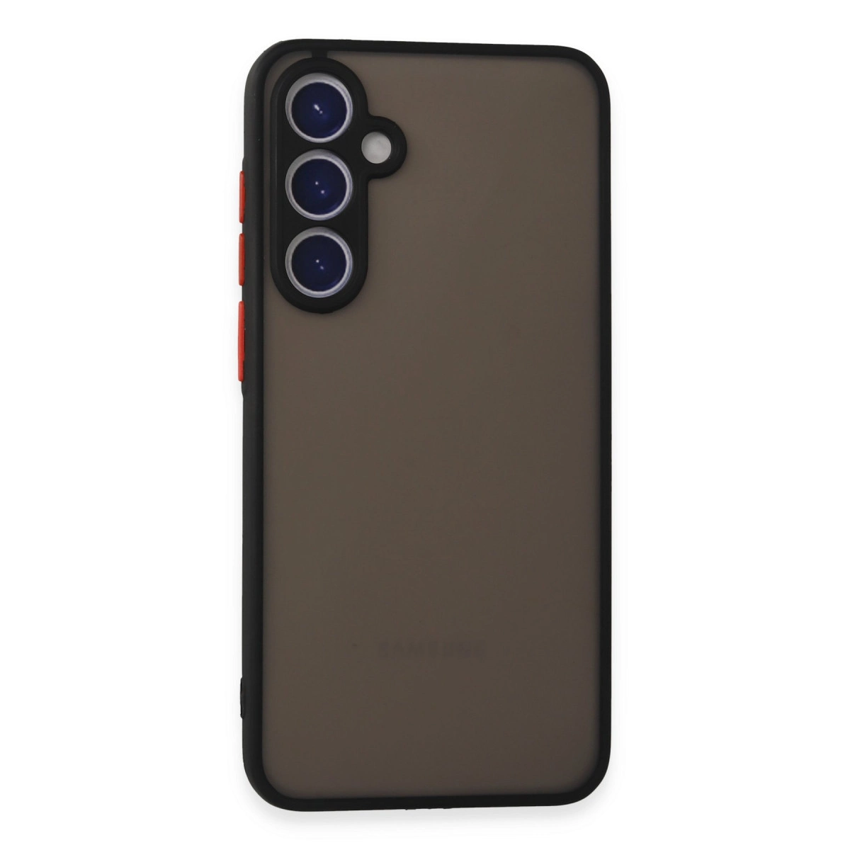 Üç kameralı, kırmızı düğmeli koyu gri telefon kılıfı.