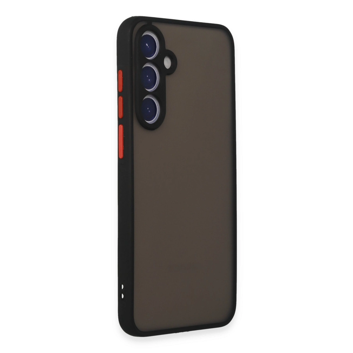 Siyah çerçeveli ve kırmızı düğmeli, arkasında üç kameralı koyu gri telefon kılıfı.