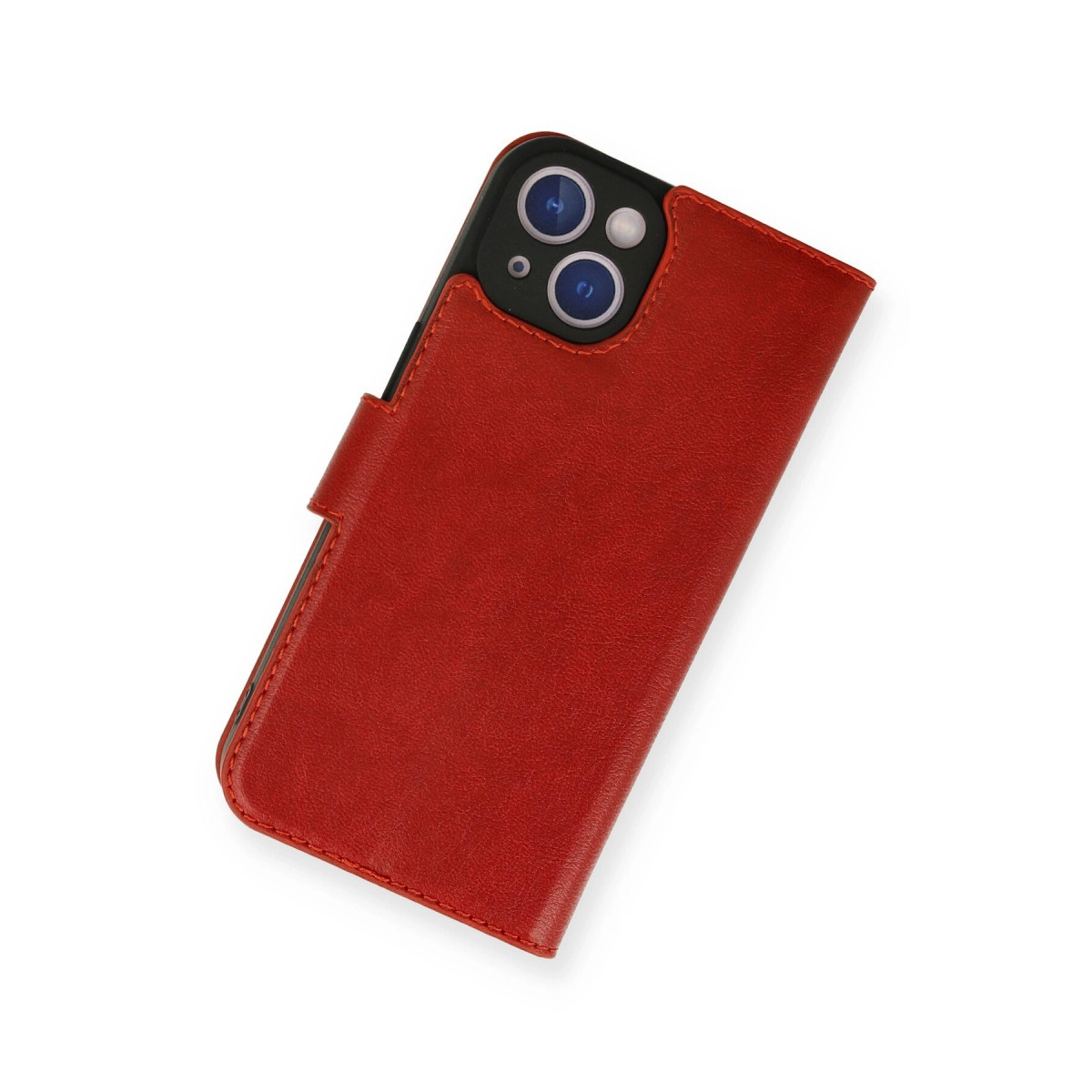 Görünür kamera modülüne sahip kırmızı deri telefon kılıfı.