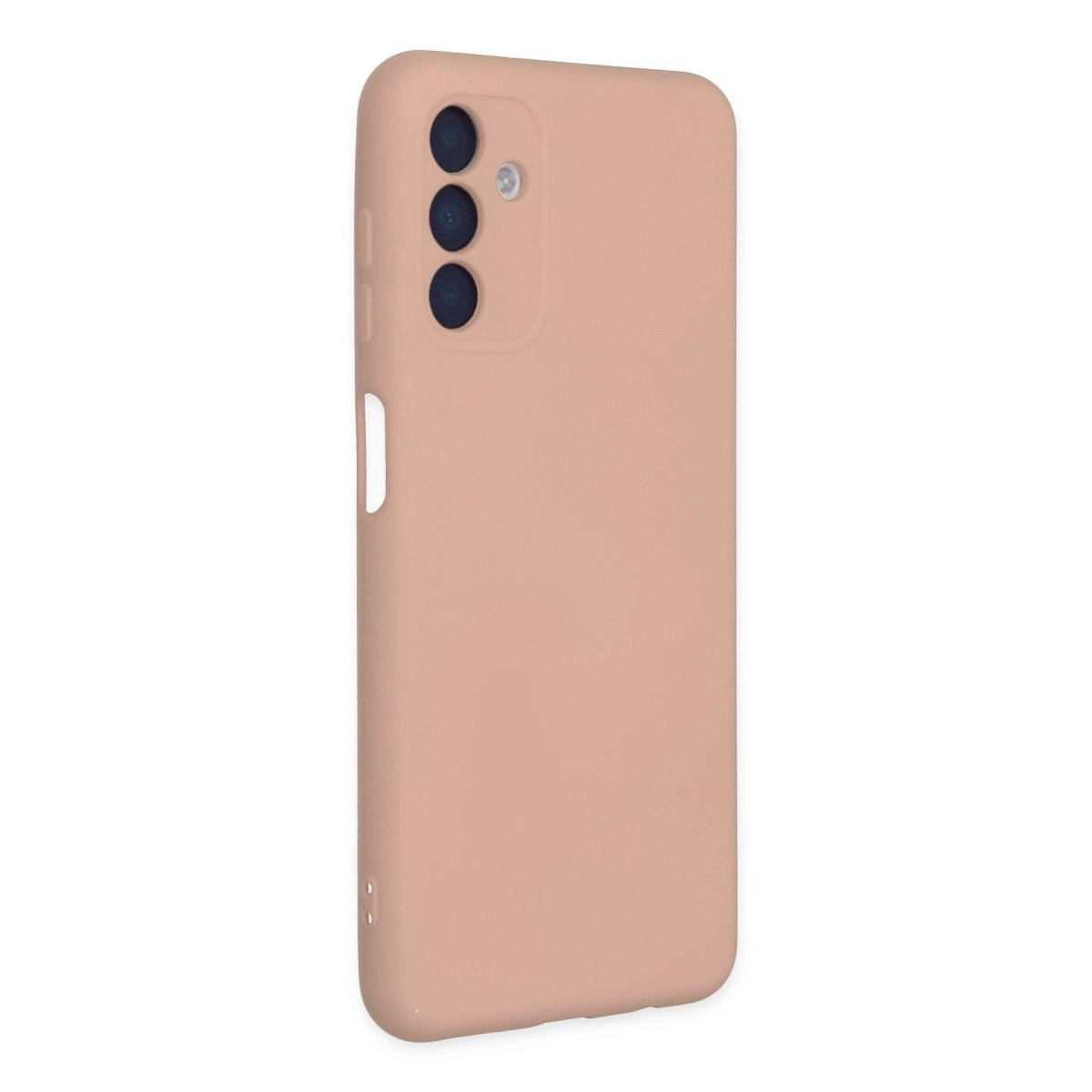 Arkada üç kamera lensi olan açık kahverengi telefon kılıfı.