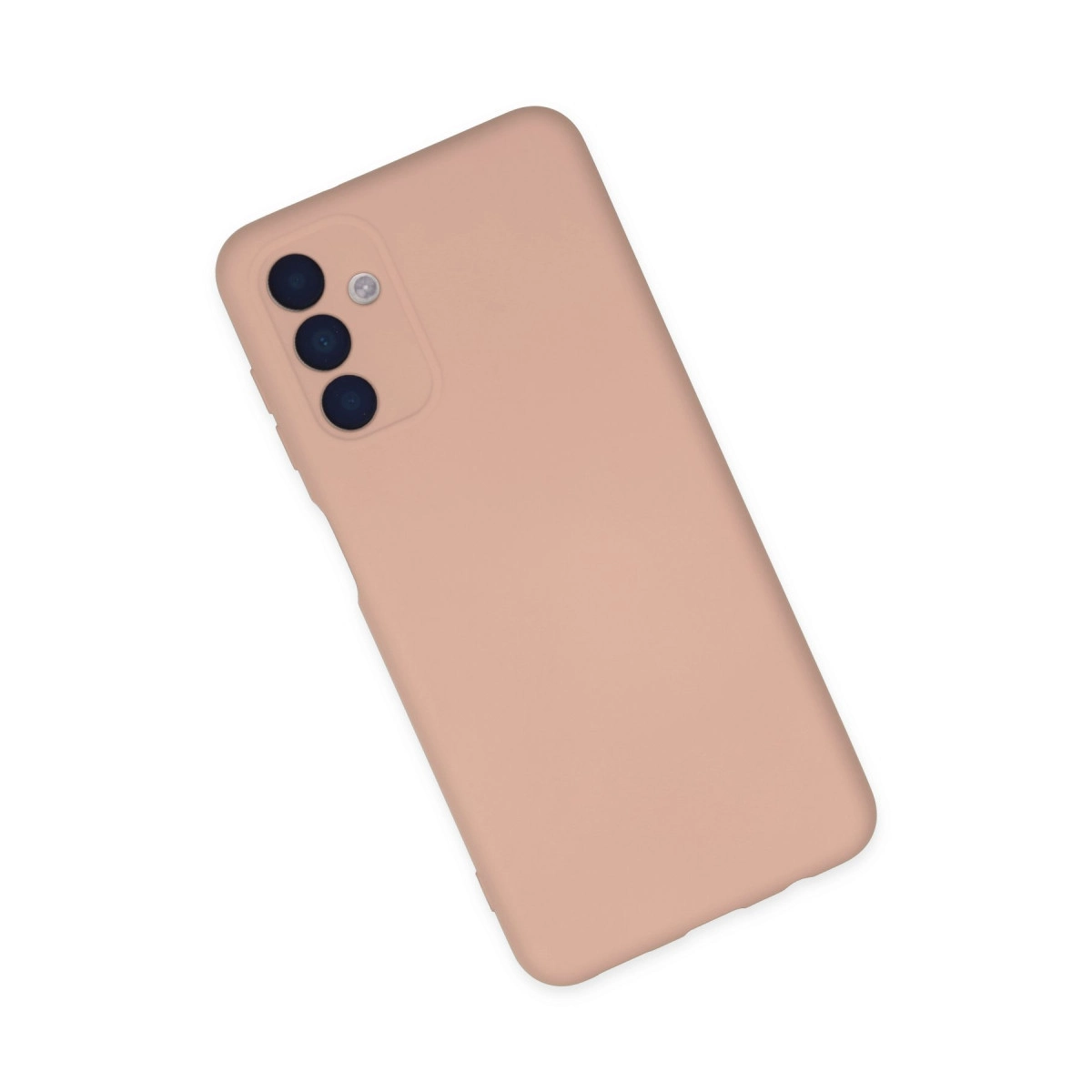Arkada üç kamerası olan pembe bir akıllı telefon, beyaz arka plan üzerinde.