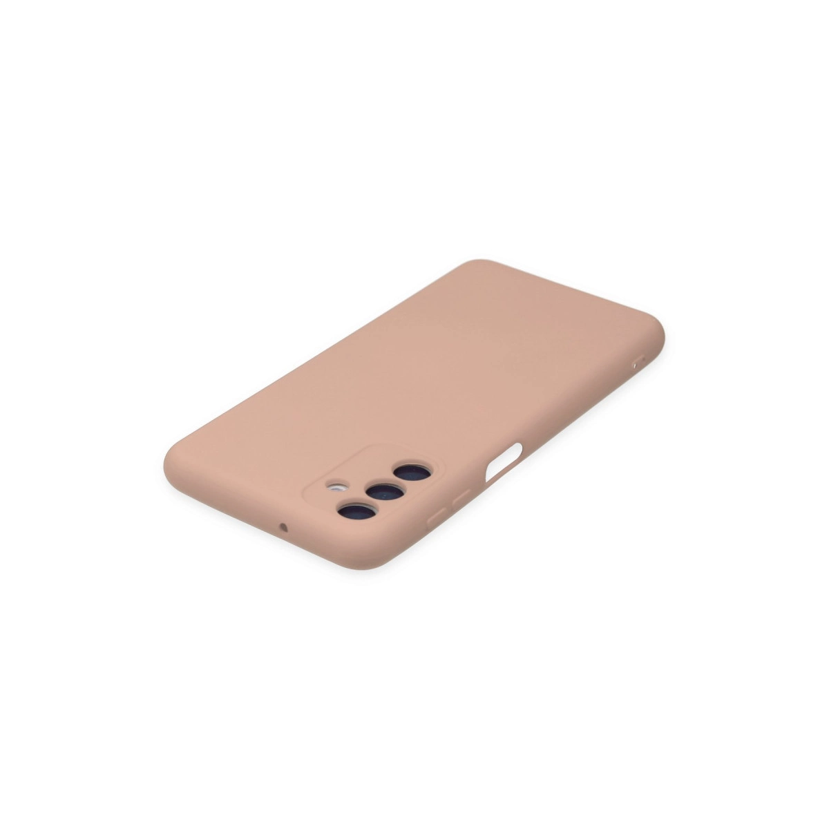 Üç kamera deliği ve bir başka deliği olan şeftali rengi telefon kılıfı.