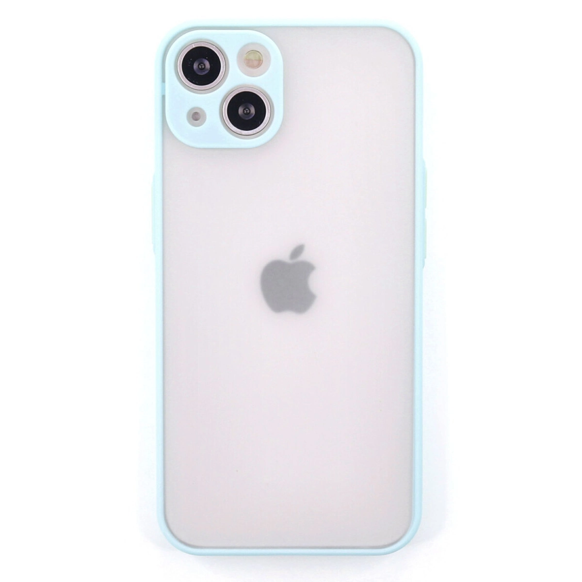 Mat arkalı ve Apple logolu açık mavi iPhone kılıfı.
