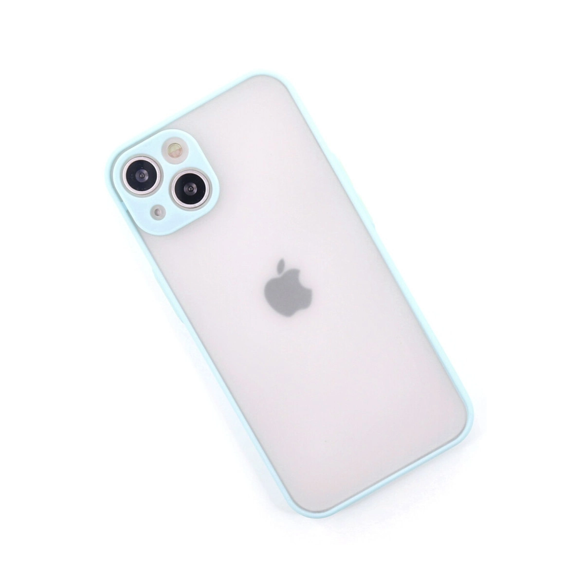 Mat bitişli, çift arka kameralı açık mavi iPhone kılıfı.