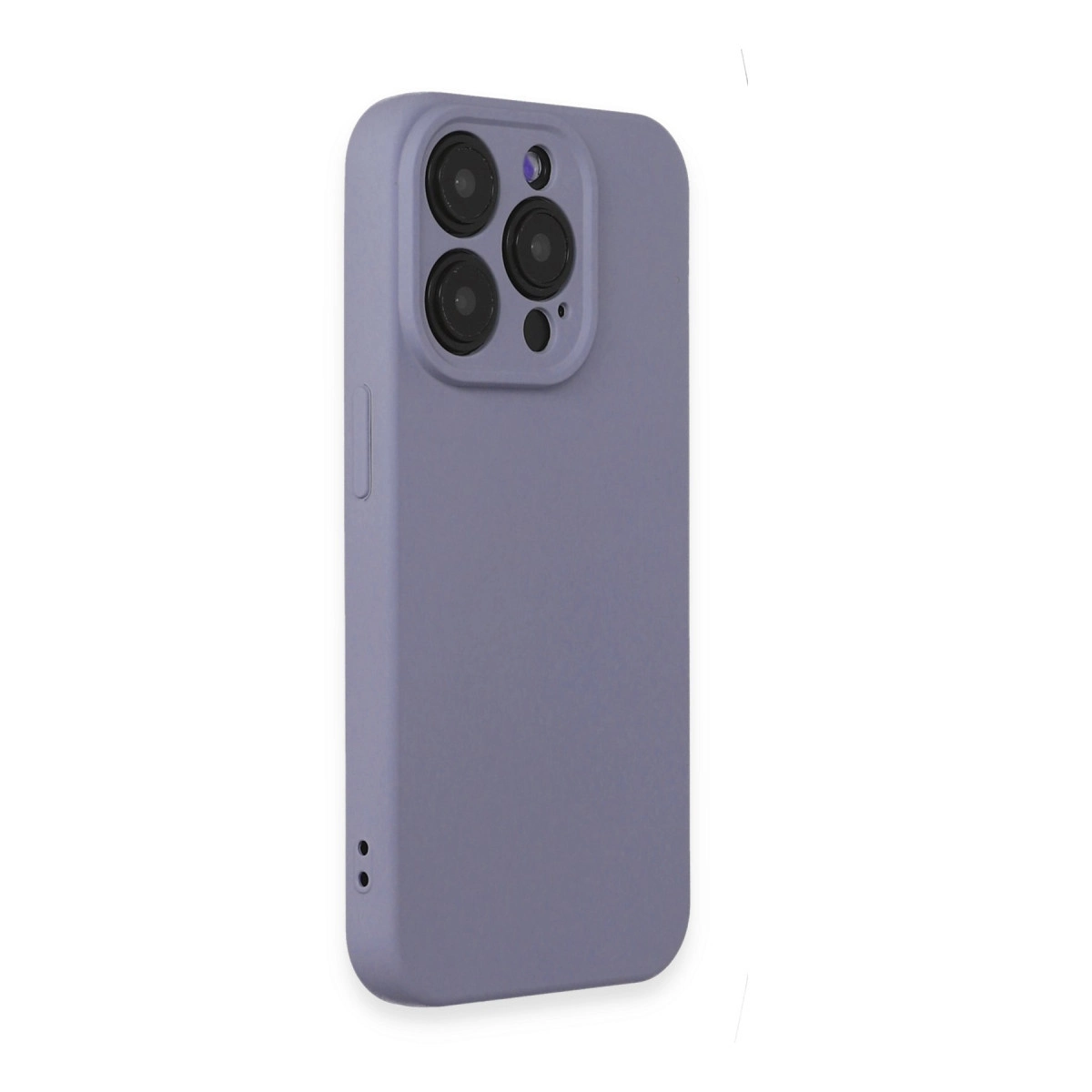 Üç kamera lensi ve flaşlı mor iPhone kılıfı.