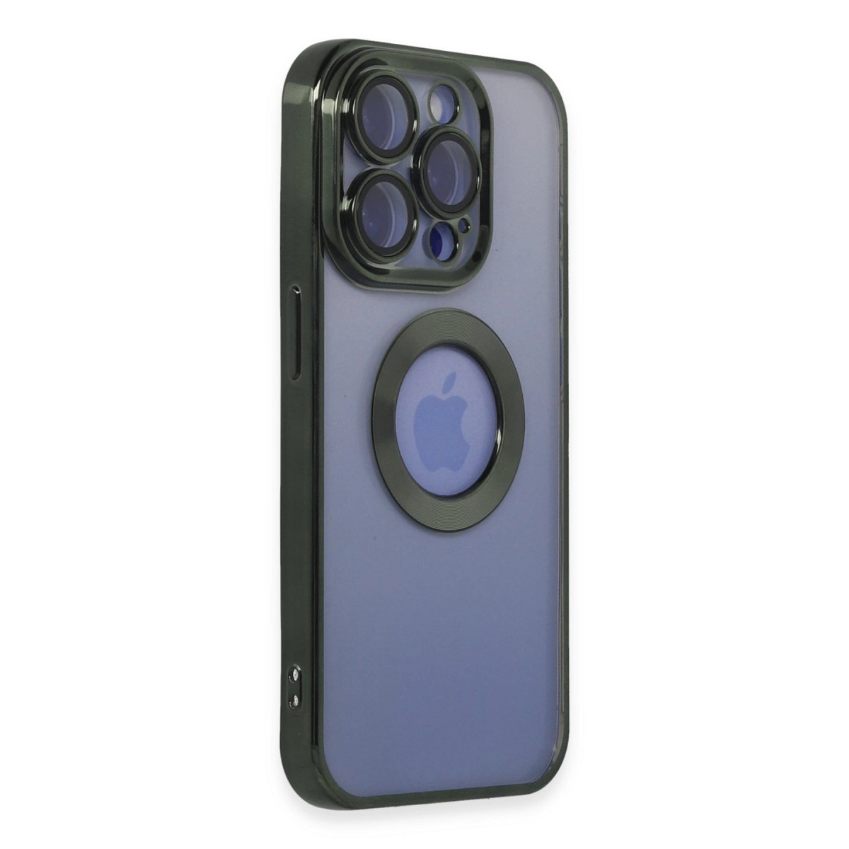 Siyah çerçeveli ve kamera korumalı mor iPhone kılıfı. Apple logosu görünür.