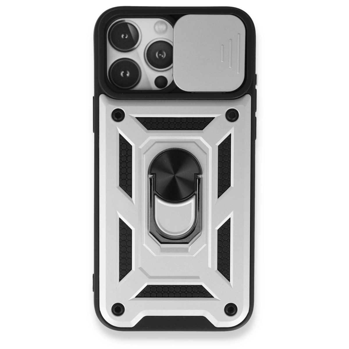 NEWFACE iPhone 15 Pro Uyumlu Pars Lens Yüzüklü Silikon Telefon Kılıfı Gümüş