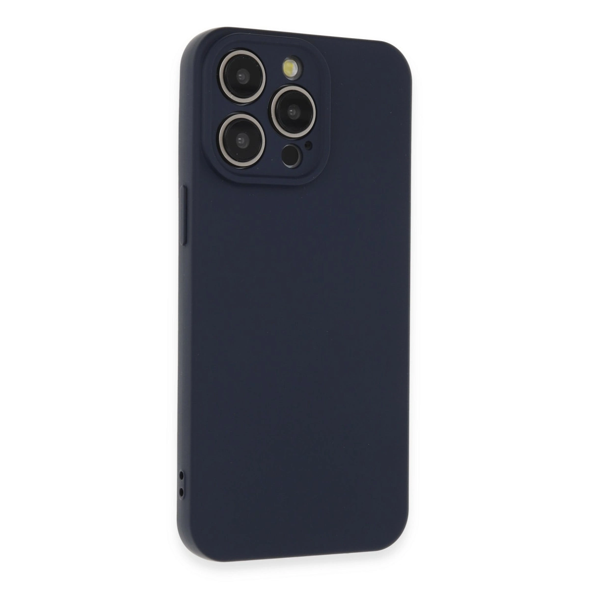 Üç kamera lensi ve flaşlı lacivert telefon kılıfı.
