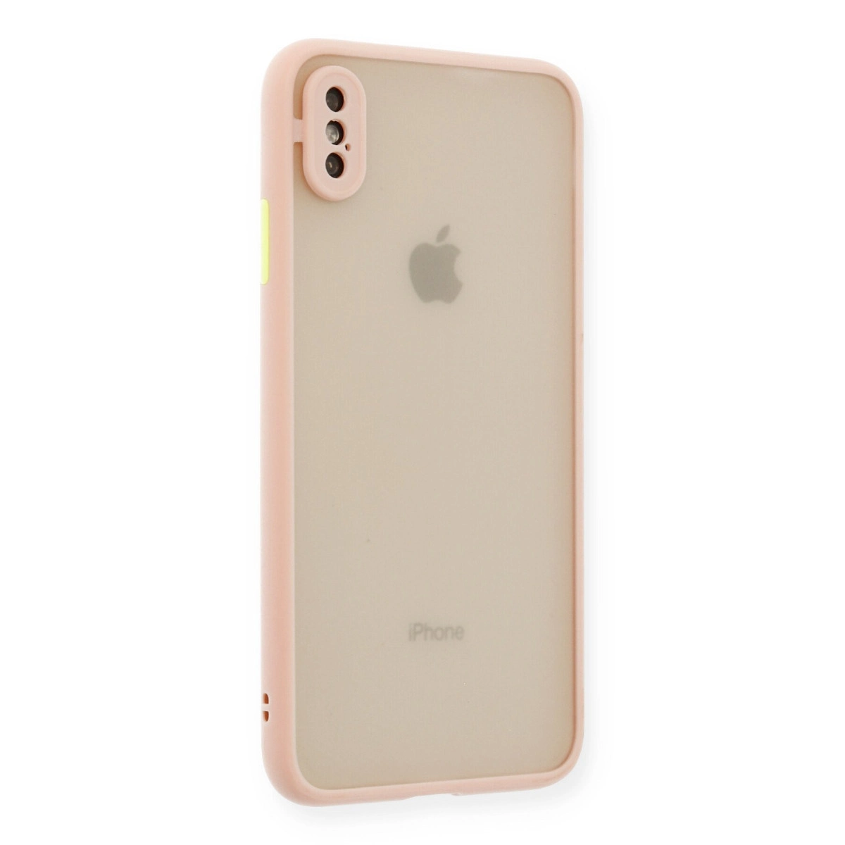Görünür Apple logosuna sahip mat pembe plastik kılıflı bir iPhone.