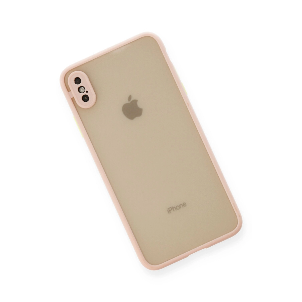Pembe kenarlı ve iki kameralı şeffaf iPhone kılıfı.