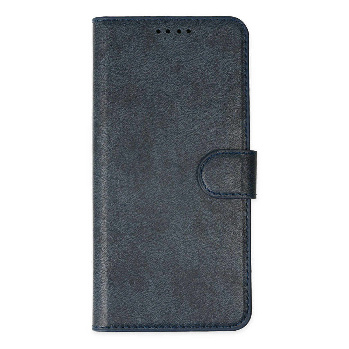 Dikişli lacivert kapaklı telefon kılıfı. Üst kısımda üç delik.