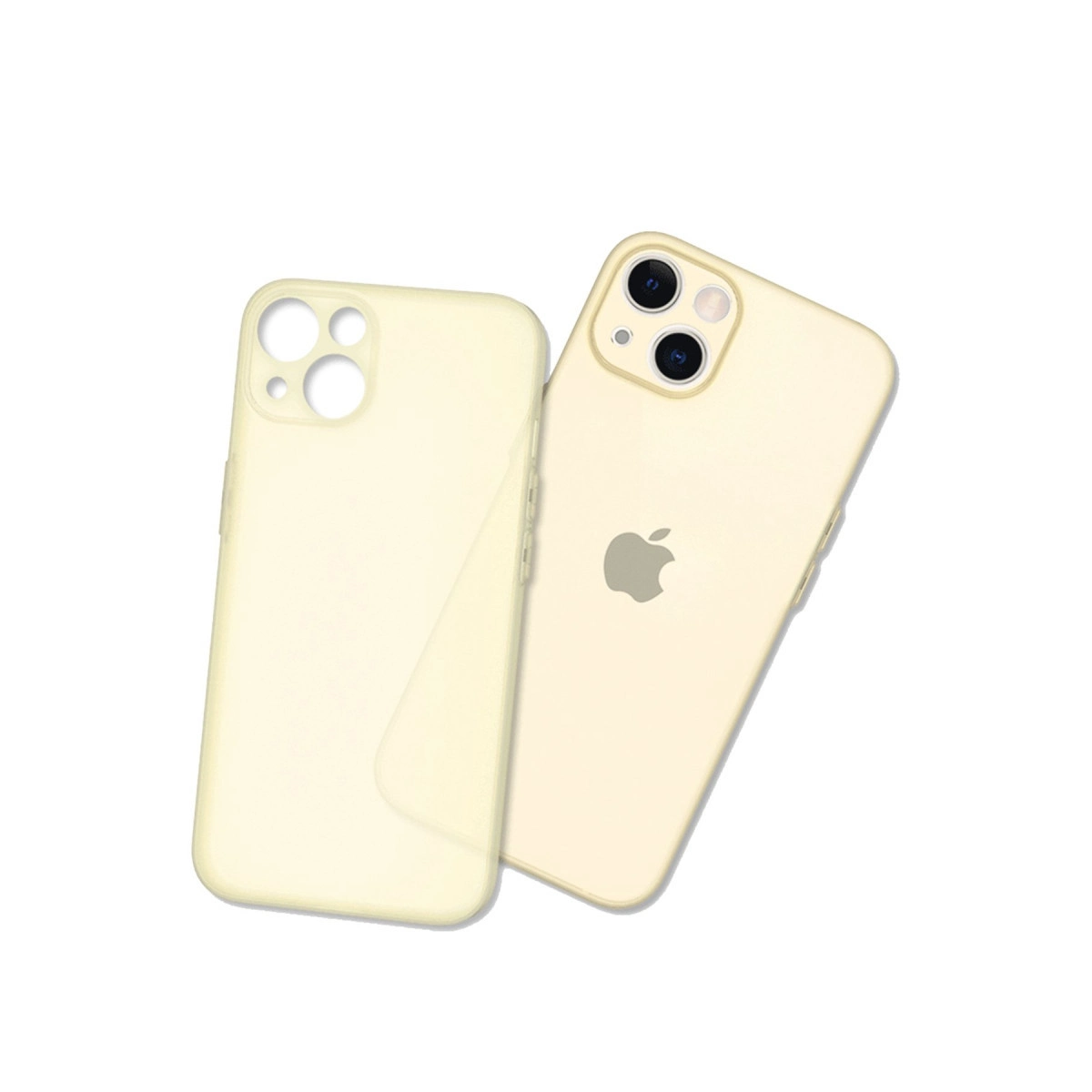 Açık sarı bir iPhone ve uyumlu kılıf yan yana duruyor.