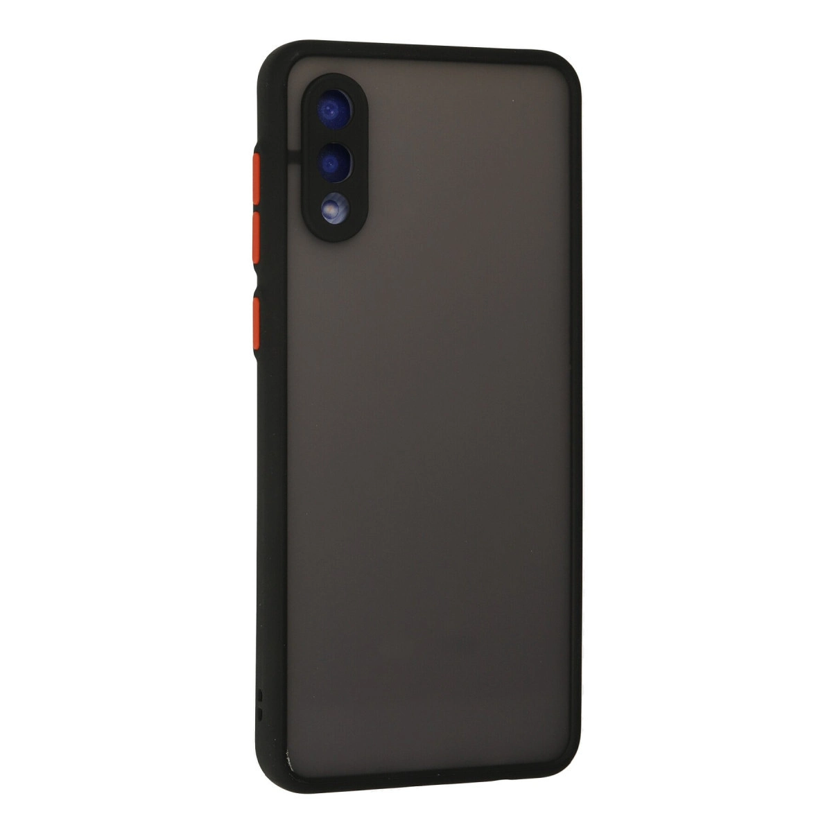Üç kameralı ve turuncu düğmeli siyah telefon kılıfı.