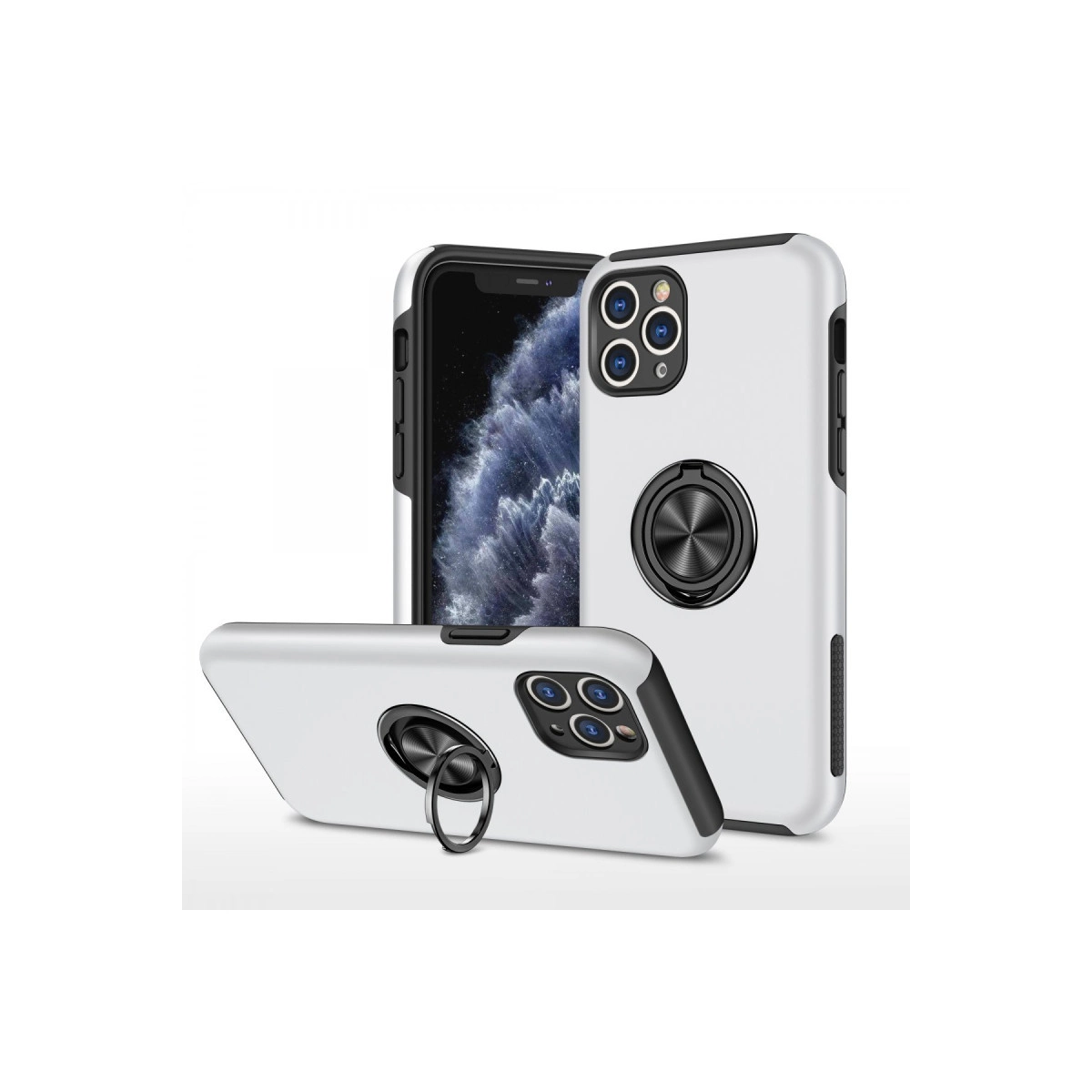 Halka tutuculu ve lens kesimli beyaz telefon kılıfı.
