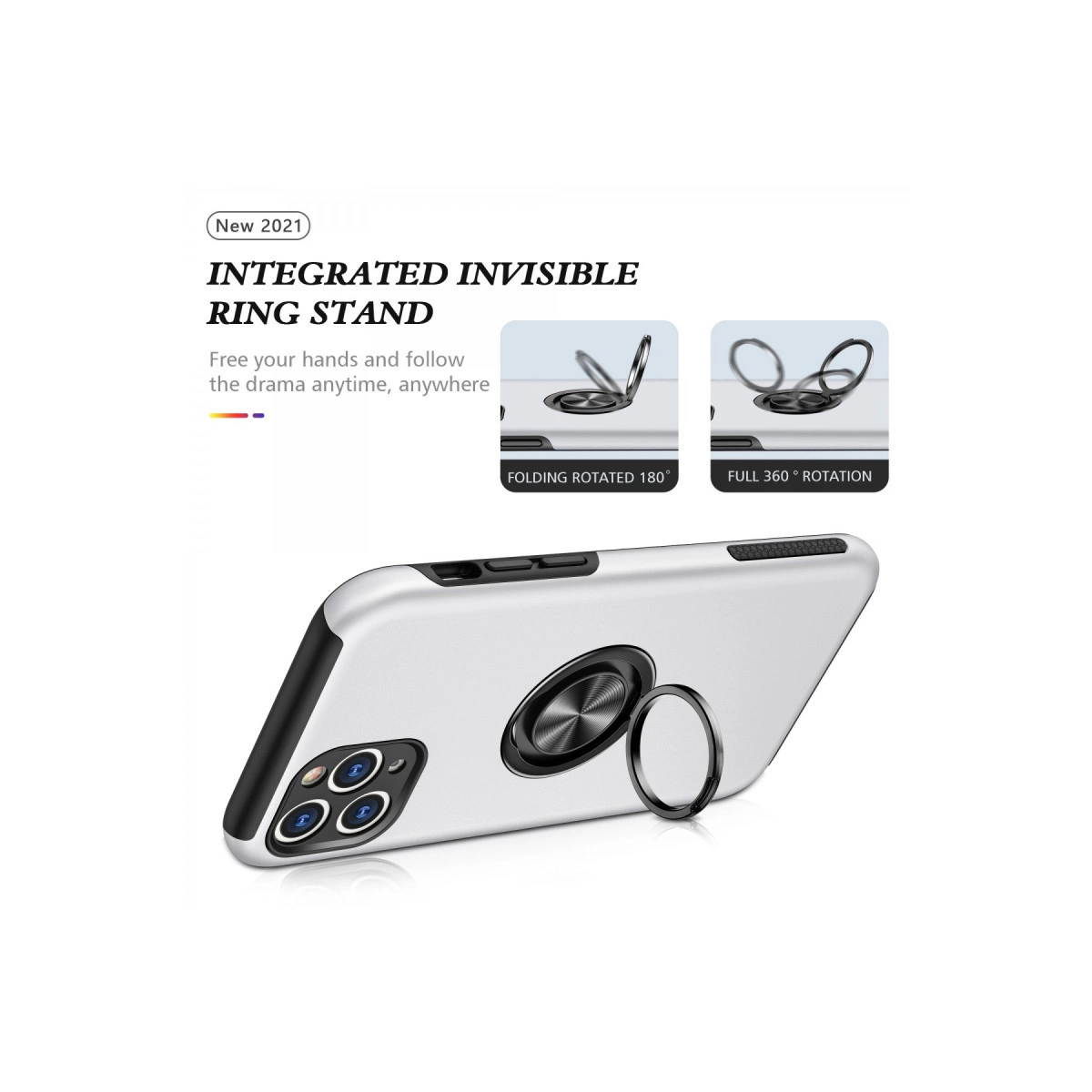 Entegre halka stantlı gümüş telefon kılıfı, 180° katlanabilir ve 360° dönebilir.
