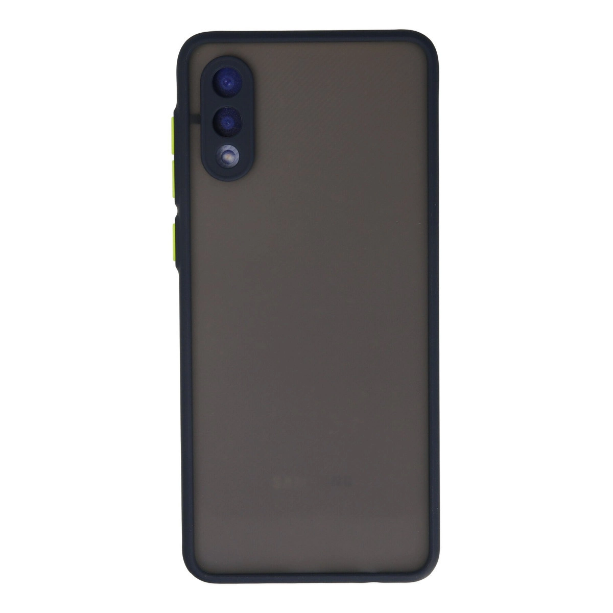Üç kamera lensi ve sarı düğmeli koyu renkli telefon kılıfının arkası.