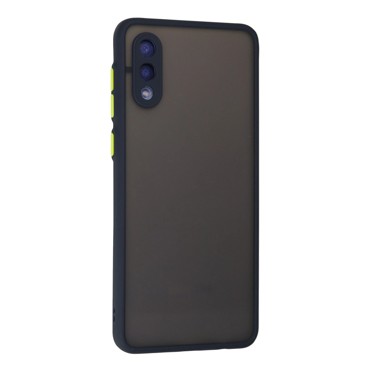Üç kameralı, sarı düğmeli koyu gri telefon, beyaz arka plan üzerinde.