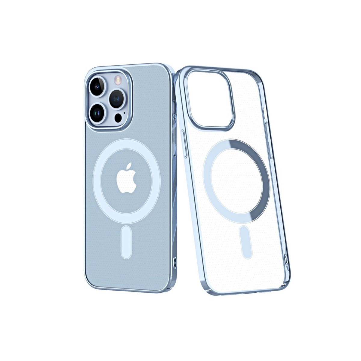Gümüş kenarlı iki şeffaf telefon kılıfı, biri kamera ve Apple logosunu gösteriyor.