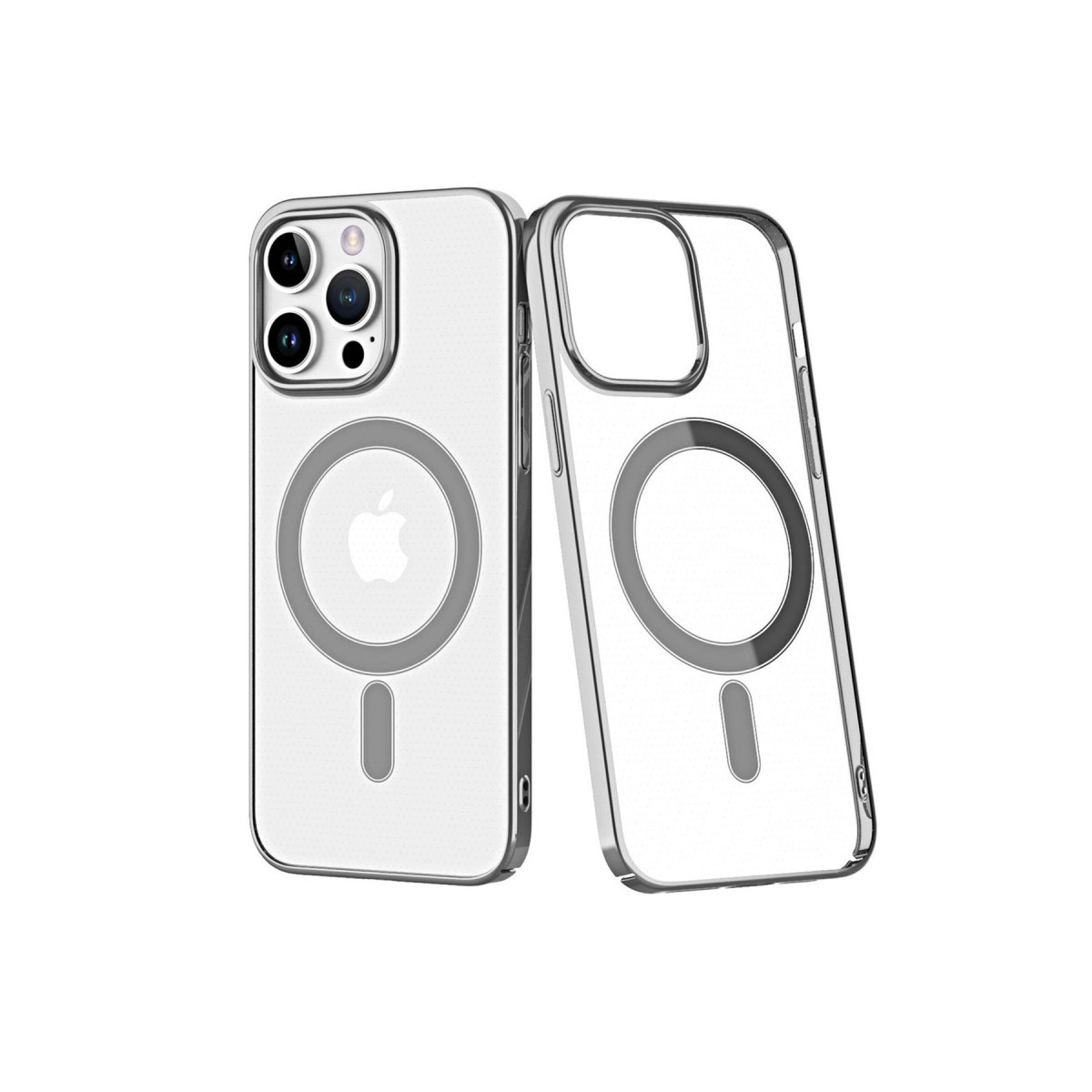 MagSafe halkalı ve Apple logolu iki şeffaf telefon kılıfı.