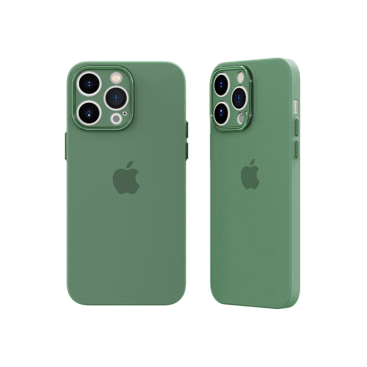 Apple logosu ve kamera kesimi olan iki yeşil telefon kılıfı beyaz zeminde.