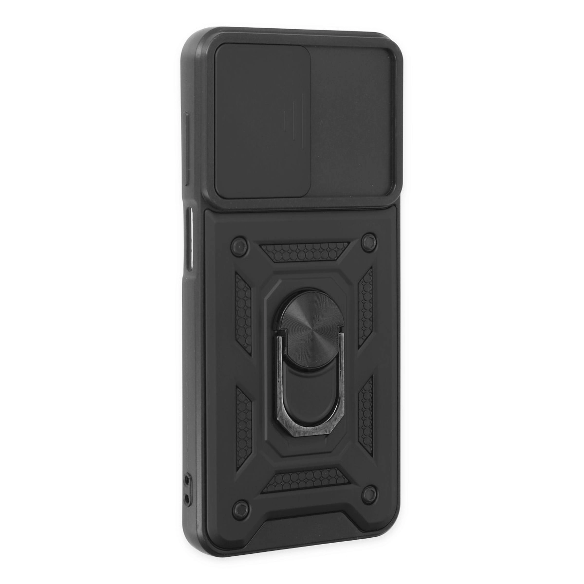 Kamera kapaklı ve halka tutuculu siyah telefon kılıfı.