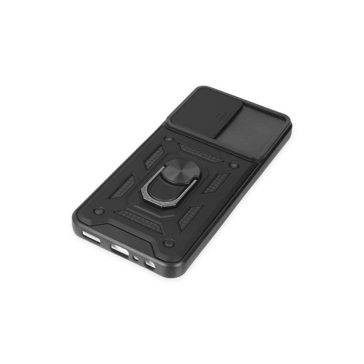 Halka tutuculu ve kaydırılabilir kamera kapaklı siyah telefon kılıfı.