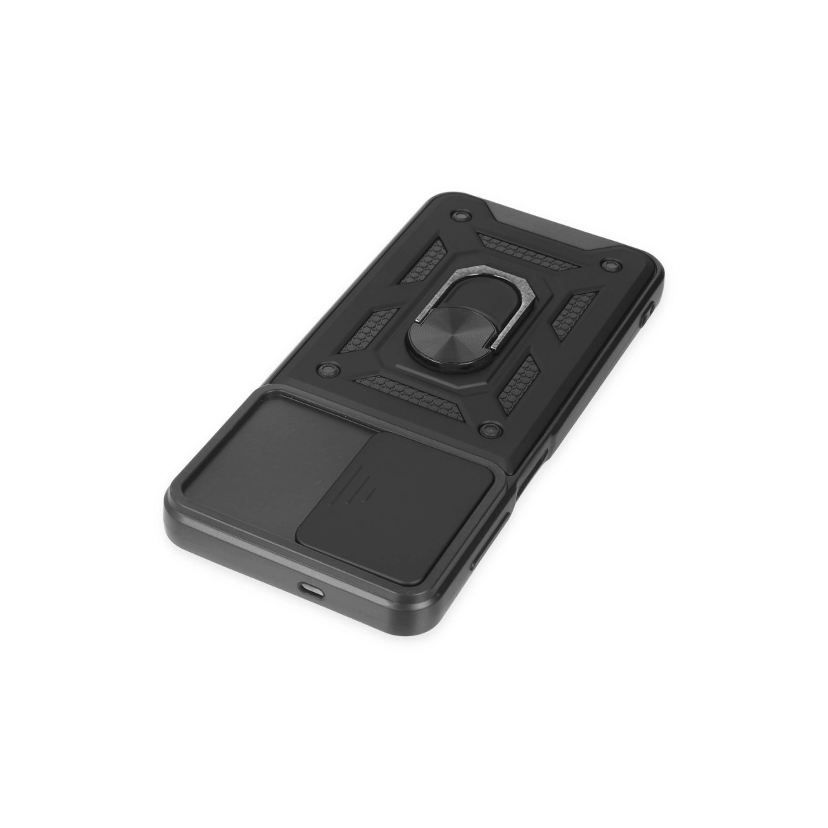 Entegre halkalı ve kayar bölmeli siyah telefon kılıfı.