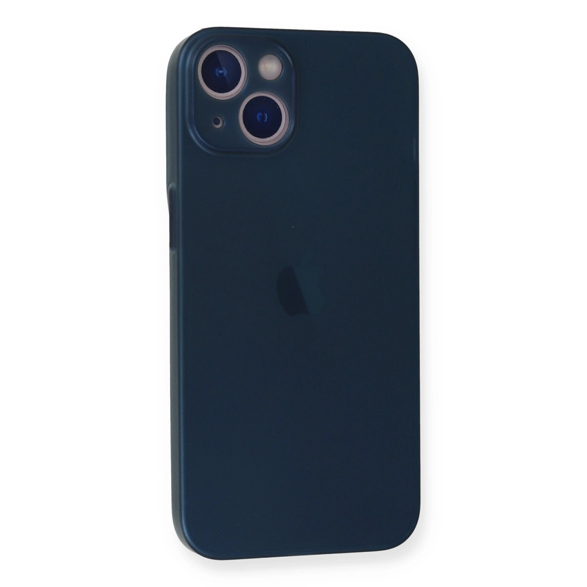 Arkada çift kameralı ve Apple logolu lacivert iPhone.