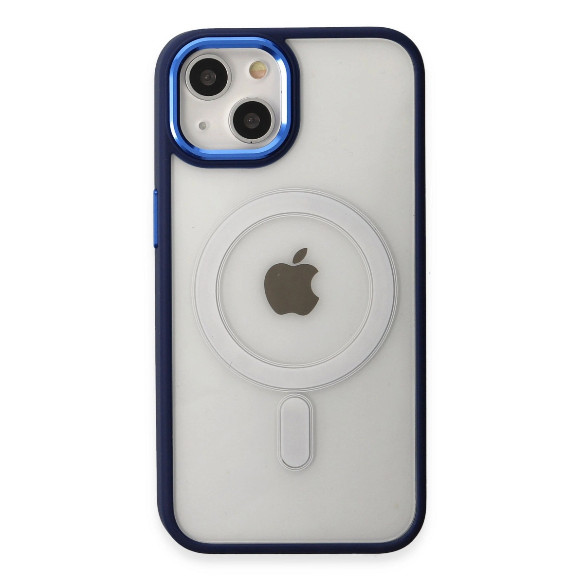 Koyu mavi çerçeveli şeffaf telefon kılıfı üzerinde Apple logosu bulunur.