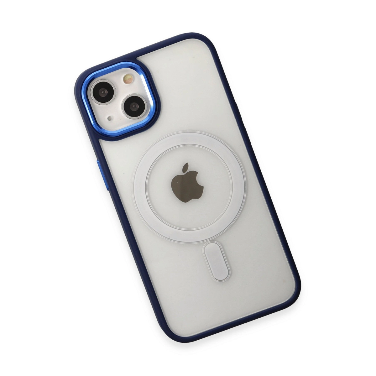 Mavi kenarlı ve Apple logosu olan şeffaf telefon kılıfı.