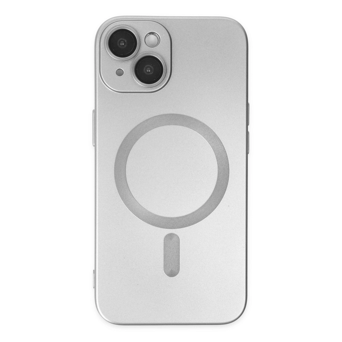 Kamera ve şarj dairesi olan gümüş telefon kılıfı.