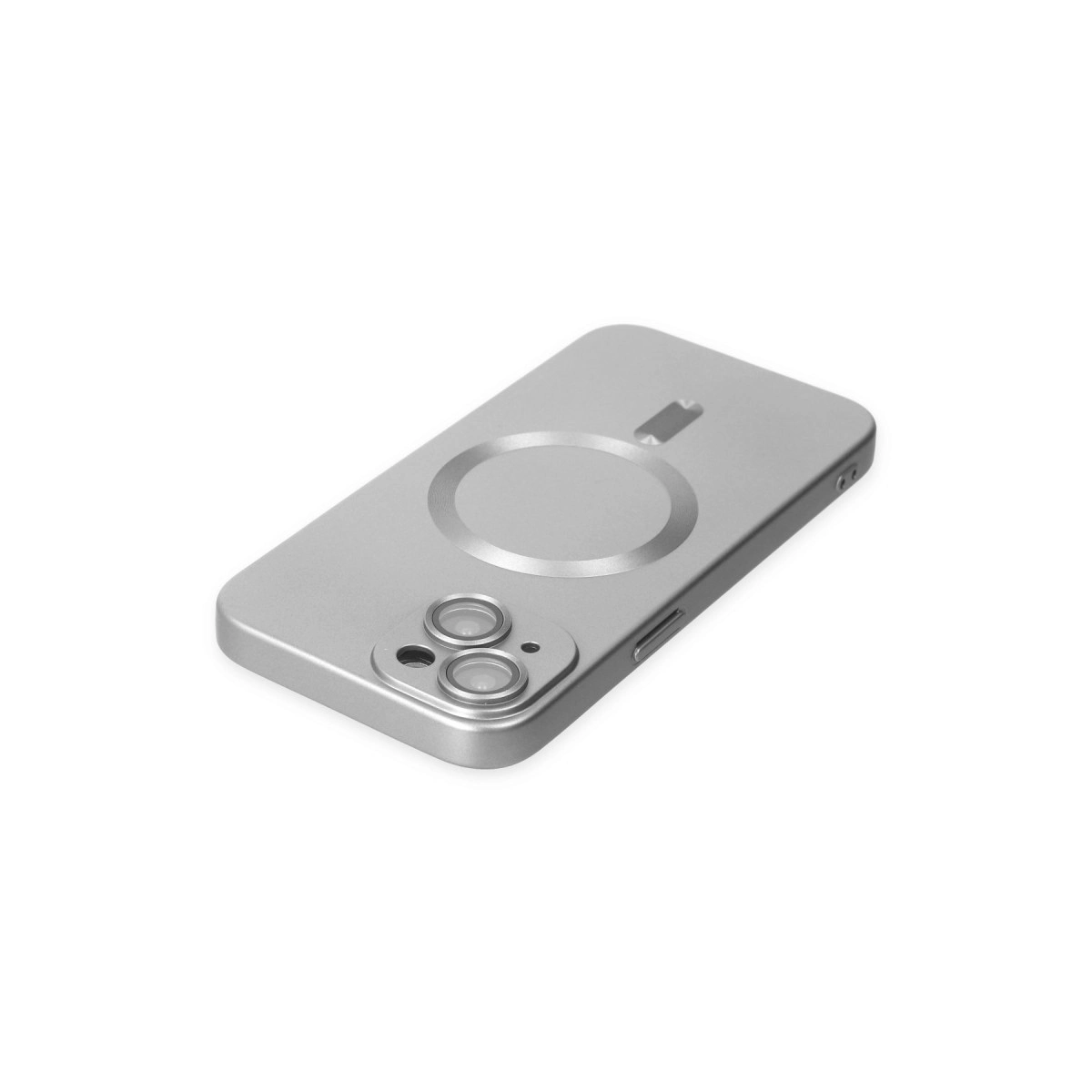 Gümüş renkli telefon kılıfı, manyetik halkalı ve kamera kesimli.