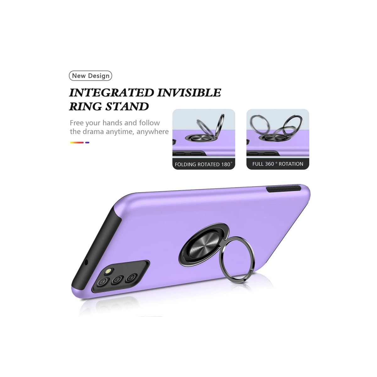 Entegre yüzük stantlı mor telefon kılıfı, 180° katlanabilir ve 360° dönebilir.