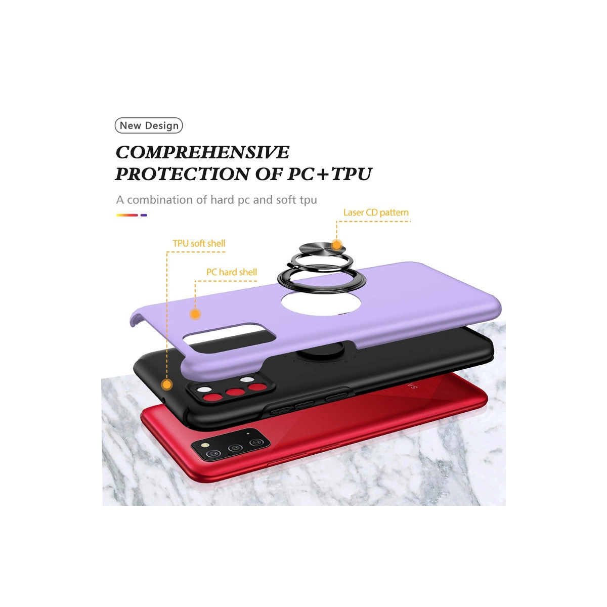 PC sert kabuk, TPU yumuşak kabuk ve halka gösteren katmanlı telefon kılıfı.